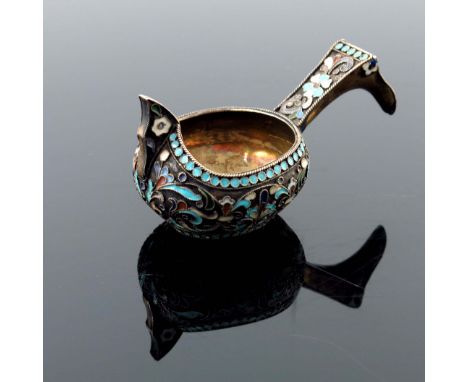 An Imperial Russian silver gilt and cloisonne enamelled Kovsh, Nikanov Zolotov, Moscow circa 1900, zoomorphic boat form, deco
