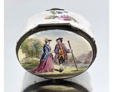 A Bilston enamelled double ended snuff box, each lid transfer printed and painted with a courting couple in parkland and a pa