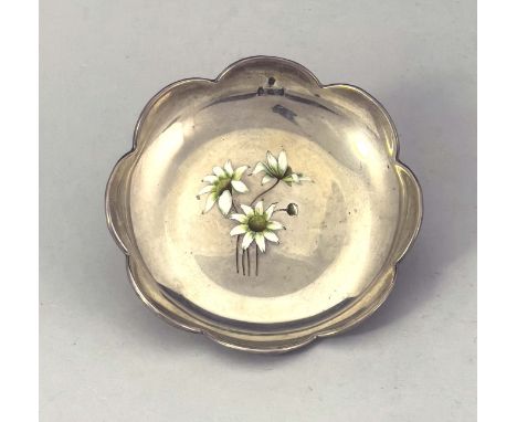 An Edwardian silver and enamelled dish, Charles S Green &amp; Co, Birmingham 1910, petal form with champleve enamel flowers, 