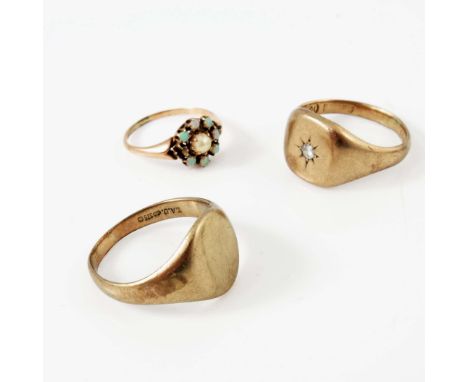 Three gold rings, including two 9 carat gold signet rings, one set with a white stone, a pearl and opal cluster ring (3)