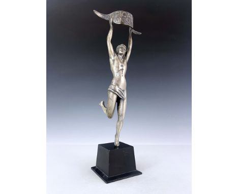 An Art Deco silvered art metal advertising sculpture for Ricard Anisette, circa 1930, modelled as a semi nude runner, holding