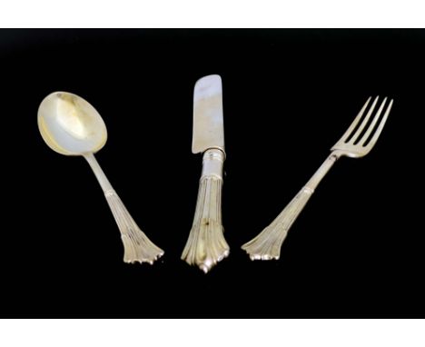 A Victorian silver christening set, Francis Higgins III, London 1881, Albany pattern, including spoon, fork and knife with si