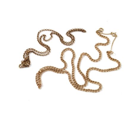 Two 9 carat gold chain necklaces, one rolo link, the other of cable link design
