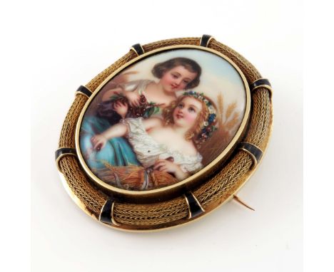 A late 19th century gold, enamel pendant brooch, depicting two young girls picking grapes, with rope-twist surround and black