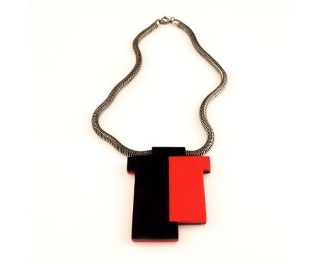 Jakob Bengel, an Art Deco chrome and galalith pendant necklace, round section snake link chain with geometric panel pendant i
