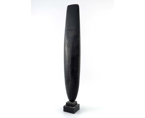 Peter Hayes (b.1946), a raku sculpture on polished slate base, totem form, textured black finish with metal staples, incised 