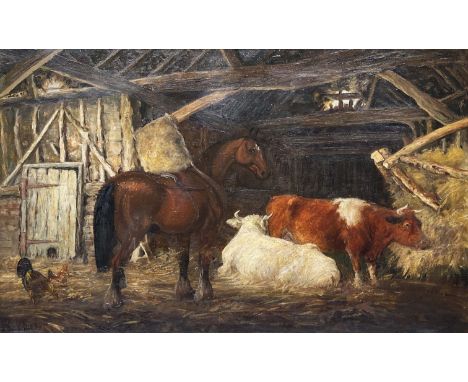 R..Hutchinson (British, 19th Century), a barn interior with cattle, a horse and chickens, signed l.l., oil on canvas, 45 by 6