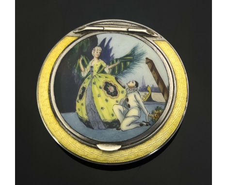 An Austrian silver and enamelled compact, Bruder Frank, Vienna circa 1920, circular lens form, the inset hinged lid painted w