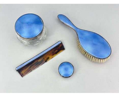 George V silver and enamelled dressing table items, A E Sturge, Birmingham 1926/27, including cut glass jar, hinged cylindric