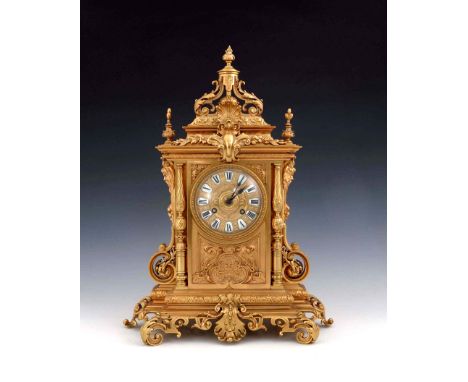 A French ormolu bracket clock, circa 1860, of architectural Baroque design, acanthus scroll and shell pediment with finials, 