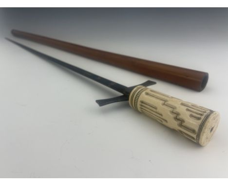 Lot withdrawn - An 18th century bone handled swordstick, circa 1780, the cylindrical knop handle carved with stepped fluted c