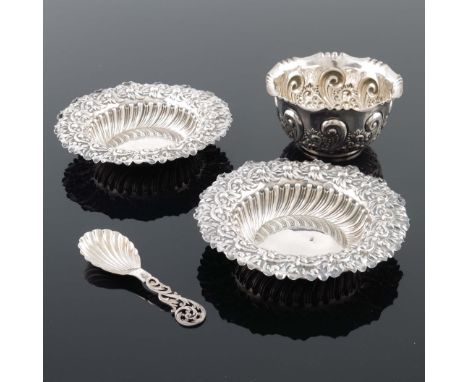 Victorian silver including pair of embossed dishes, bowl and caddy spoon, Elkington and Co., Birmingham 1898, Sheffield 1899 