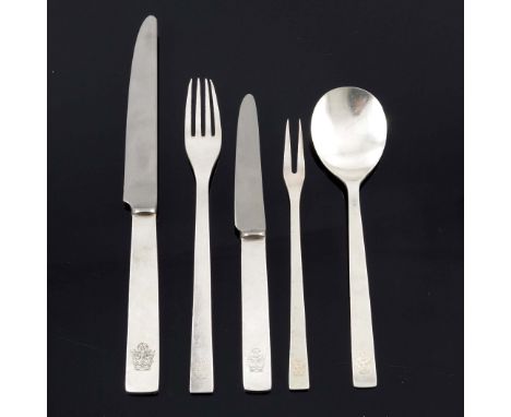 Gerald Benney, a modernist silver five piece place setting, London 1966, plain tapered form including two steel bladed knives