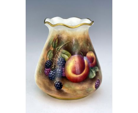 P M Platt for Royal Worcester, a fruit painted vase, 1952, conical baluster form with crimped rim, decorated with peaches and