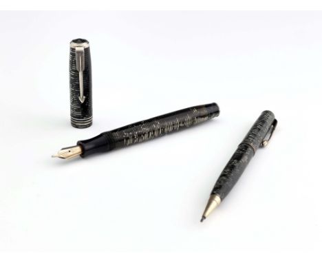 Parker, a Vacumatic fountain pen and pencil, circa 1944, laminated Grey Pearl iridescent stripe, chromed and gold plated fitt