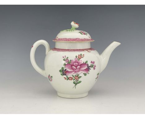 A Worcester polychrome teapot, circa 1770, Compagnie des Indes pattern, painted with floral bouquets and sprays, pink scale b