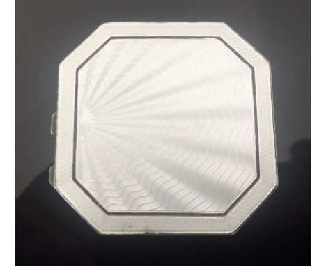 A George VI silver and enamelled compact, Deakin and Francis, Birmingham 1936, canted square form, cream guilloche enamel sun