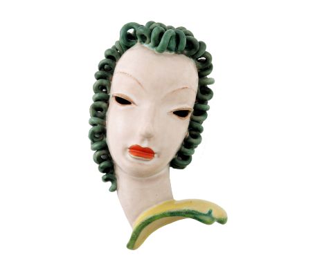 Rudolf Knorlein for Goldscheider, woman with green curly hair wall mask 6427, design circa 1932,printed and incised marks, 27