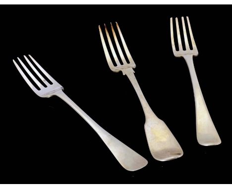 Three George III and later silver dinner forks, Reid and Son, Newcastle 1830, William Marshall, Edinburgh 1852, Peter and Wil