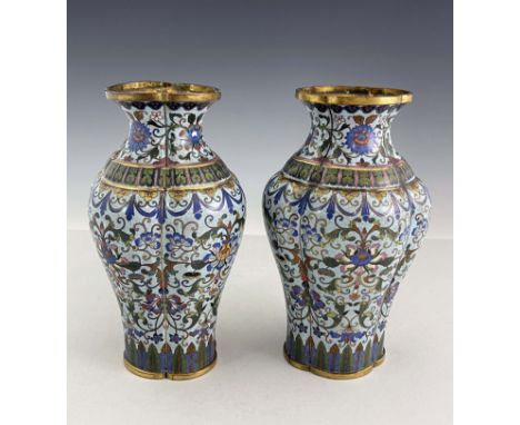 Pair of Chinese Cloisonne enamel vases, quatrelobed shouldered form, decorated with a lotus flower foliate scroll ground betw