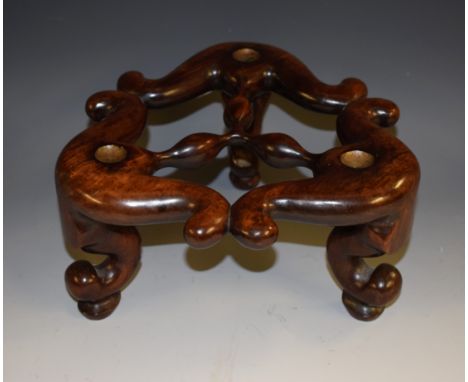 A 19th century Chinese hardwood trefoil-shaped tripod censer stand, triple-gourd centre, scroll feet, 13cm high, 24cm wide, c
