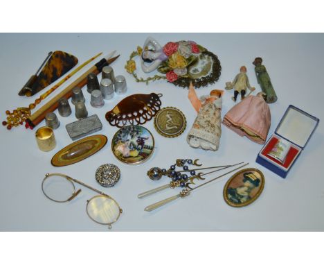 Bijouterie - an early 20th century German half doll; various hat pins; a Chinese calligraphy brush; another; various thimbles