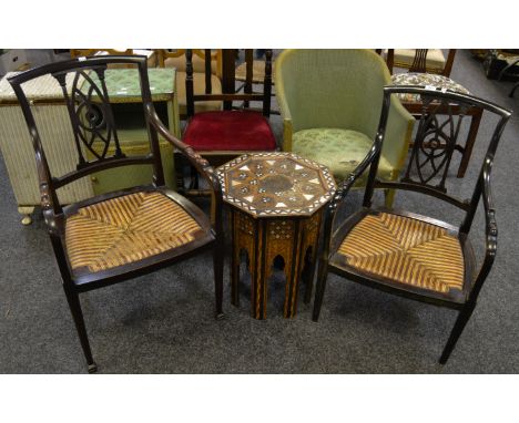  A near pair of 19th century mahogany library chairs, removable straw work seats (one cut down);  an Anglo Indian mother of p