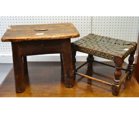 A 19th century elm stool; a mid 20th century oak footstool, woven leather top (2)