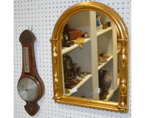 A contemporary gilt framed mirror; an oak framed wheel barometer of small proportions c1930 (2)