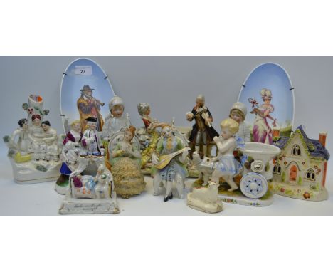 Ceramics - a Derby patch mark model of a recumbent sheep (faults); a pair of Victorian pearlware figures, ''The Skaters''; a 