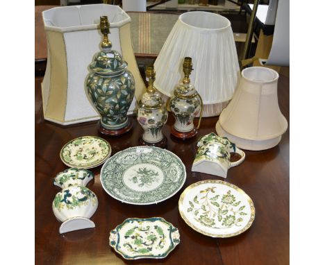 Interior Design - a Royal Crown Derby Green Derby panel plate (first); Masons Chartrelle pattern flatback spill vases, trinke