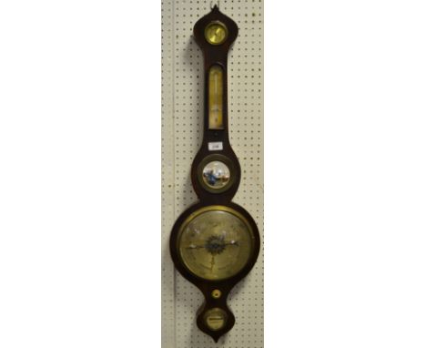 A 19th century rosewood wheel barometer, 20cm dial, mercury thermometer, convex mirror, level, 96cm long
