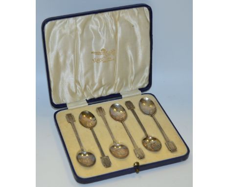 A set of six Art Deco silver coffee spoons, engine turned geometric finials, Mappin & Webb, Birmingham 1932, cased