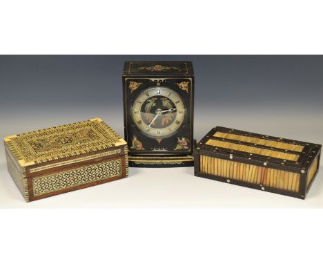 Boxes and Objects - a Japanese Aesthetic Movement timepiece, silvered chapter ring, Roman numerals; a Porcupine quill box; a 
