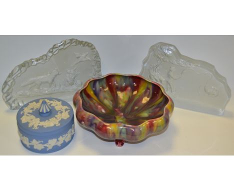 A Wardle marbled shaped circular bowl, three spur feet, c.1930;  a pair of Numbro Sweden frosted and clear glass mantel plaqu