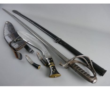 A MID 19th CENTURY CAVALRY SWORD having etched slightly curved blade, three bar guard and bound leather grip, the 89 cms blad