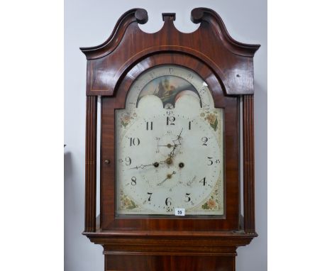 A GOOD ROLLING MOON MOVEMENT OAK & MAHOGANY LONGCASE CLOCK, the hood with broken swan neck pediment over a single arched top 