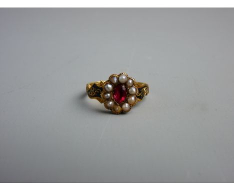 AN EIGHTEEN CARAT GOLD MEMORIAL RING, London 1851 'In Memory Of' to the shank exterior, the setting with ruby type stone and 