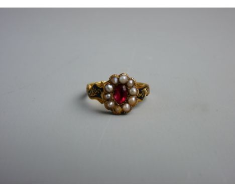 AN EIGHTEEN CARAT GOLD MEMORIAL RING, London 1851 'In Memory Of' to the shank exterior, the setting with ruby type stone and 