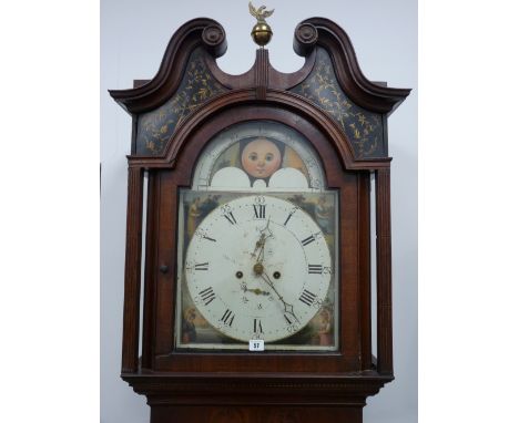 AN EARLY 19th CENTURY INLAID MAHOGANY ROLLING MOON LONGCASE CLOCK by Jameson, Ormskirk, the broken swan neck pediment with br