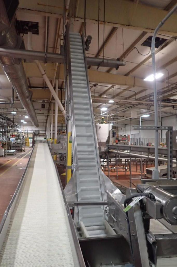 Incline flighted Z conveyor with hopper infeed, 14 ft. long x 16 in