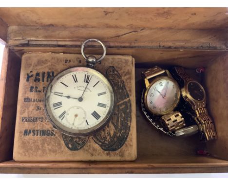 A Silver pocket watch together with 3 vintage watches and a small brass microscope lense attachment. (A)