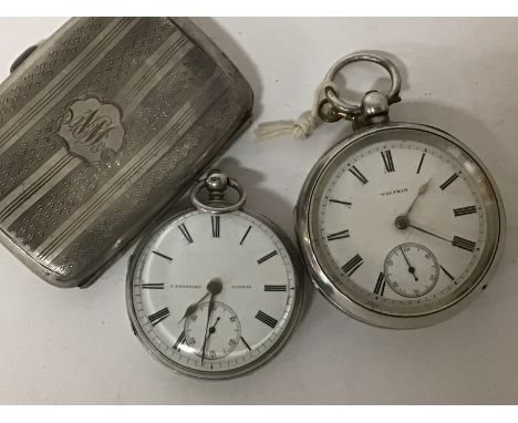 Two silver cased key wind pocket watches a Waltham J B Yabsley London and a silver cigarette case (3)
