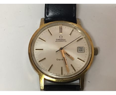 A Gents Vintage Omega Automatic watch with date Aperture the reverse with personal inscription seen working.