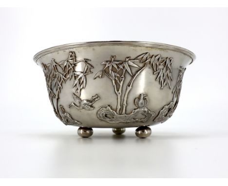 Silberschale China, chinese export silver, Kranich Motiv, sehr feine Silberarbeit, um 1910Silberschale China, sehr feine Silb