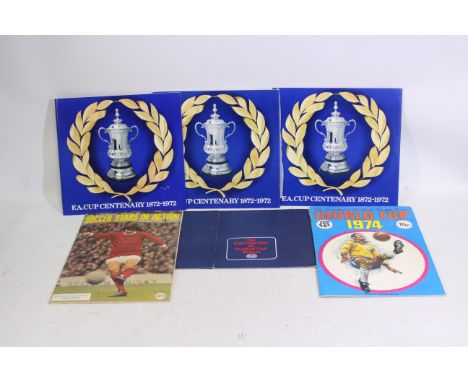 Football coins and stamp album pictures including World Cup 1974. Soccer Stars In Action: England First Division 1969-1970. E