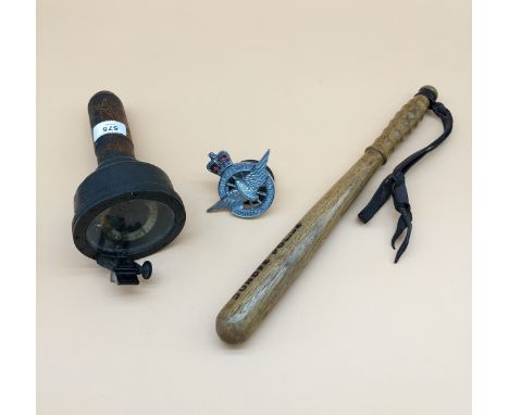 Mixed lot; wooden Police baton [Dundee Police], Car badge [Civil Service Motoring Association] &amp; WW2 Air Ministry fixed g