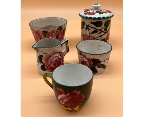 Five various antique Wemyss ware items. Includes Jazzy rose pattern cup, Cabbage rose cream and sugar, Cabbage rose sugar dis
