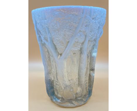 Large Art Deco French glass pressed vase. In a Rene Lalique style, Raised tree trunk design. [25.5cm high] looks to have a fl