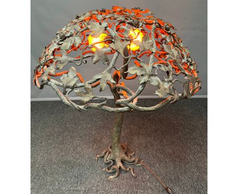 American Art Nouveau heavy Wrought iron tree table lamp, Tiffany inspired body, Stamped with makers mark- unreadable. [70cm h